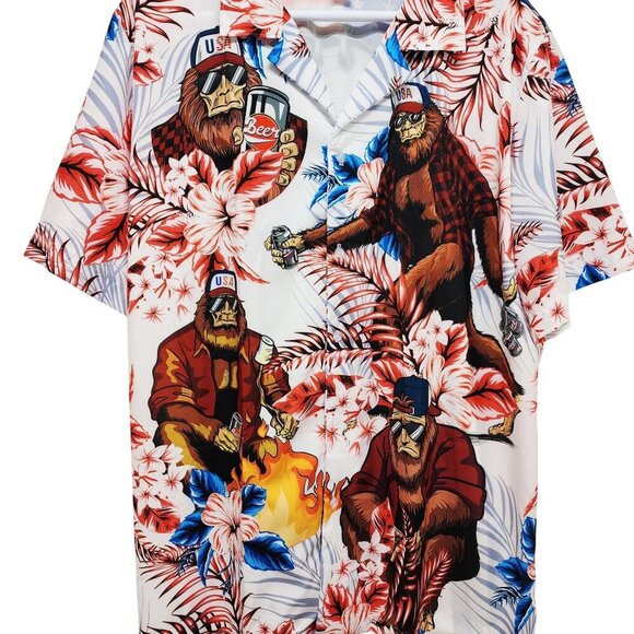 Bigfoot Mens Hawaiian Shirt Size L Patriotic Print With Beer & Fire Design - Picture 5 of 8